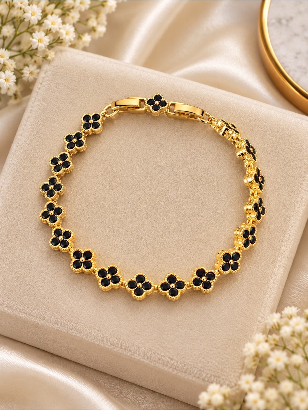 14K Gold Filled Black Clover Flower Bracelet Adjustable 7-8” Women’s Jewelry
